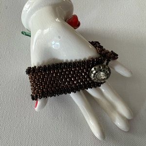 Bronze Hand Beaded Bracelet with Rhinestone Button Clasp